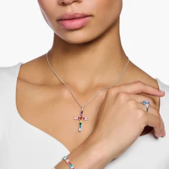 Cheap Anhänger Kreuz mit bunten Steinen Silber Damen Anhänger