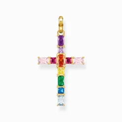 Best Sale Anhänger Kreuz mit bunten Steinen vergoldet Damen Halsketten|Anhänger