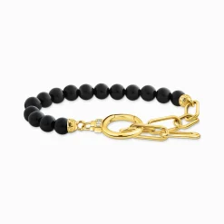 Sale Armband aus Onyx-Beads und Ankerelementenmit weißen Steinen vergoldet Damen Armbänder|18K Vergoldung - 925 Silber