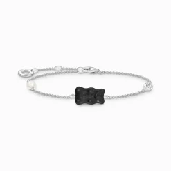 Online Armband mit schwarzem Goldbären, Perle und Stein Silber Damen Armbänder|Armbänder