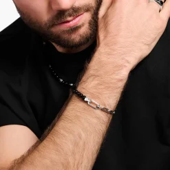 Fashion Armband mit schwarzen Onyx-Beads und Kettengliedern Silber Damen Armbänder|Armbänder