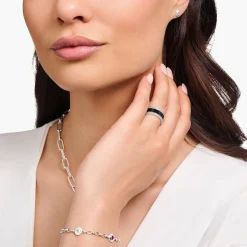 Fashion Bandring mit schwarzer Kaltemaille und weißen Steinen Silber geschwärzt Damen Ringe