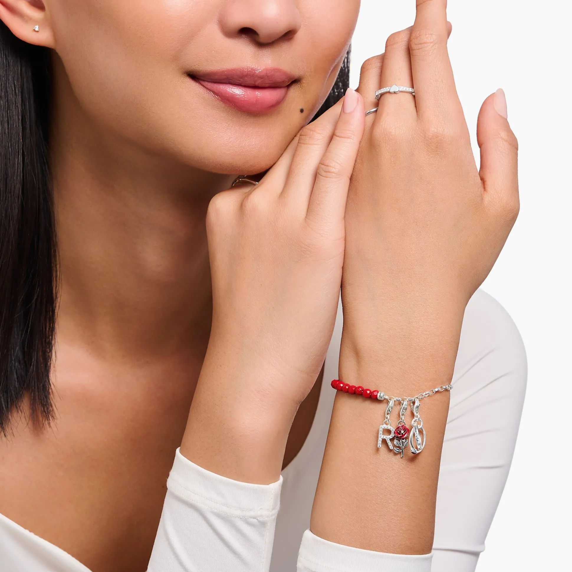 Cheap Charm-Armband rote Beads und Gliederelemente Silber Damen Charm Armbänder|Charm Armbänder