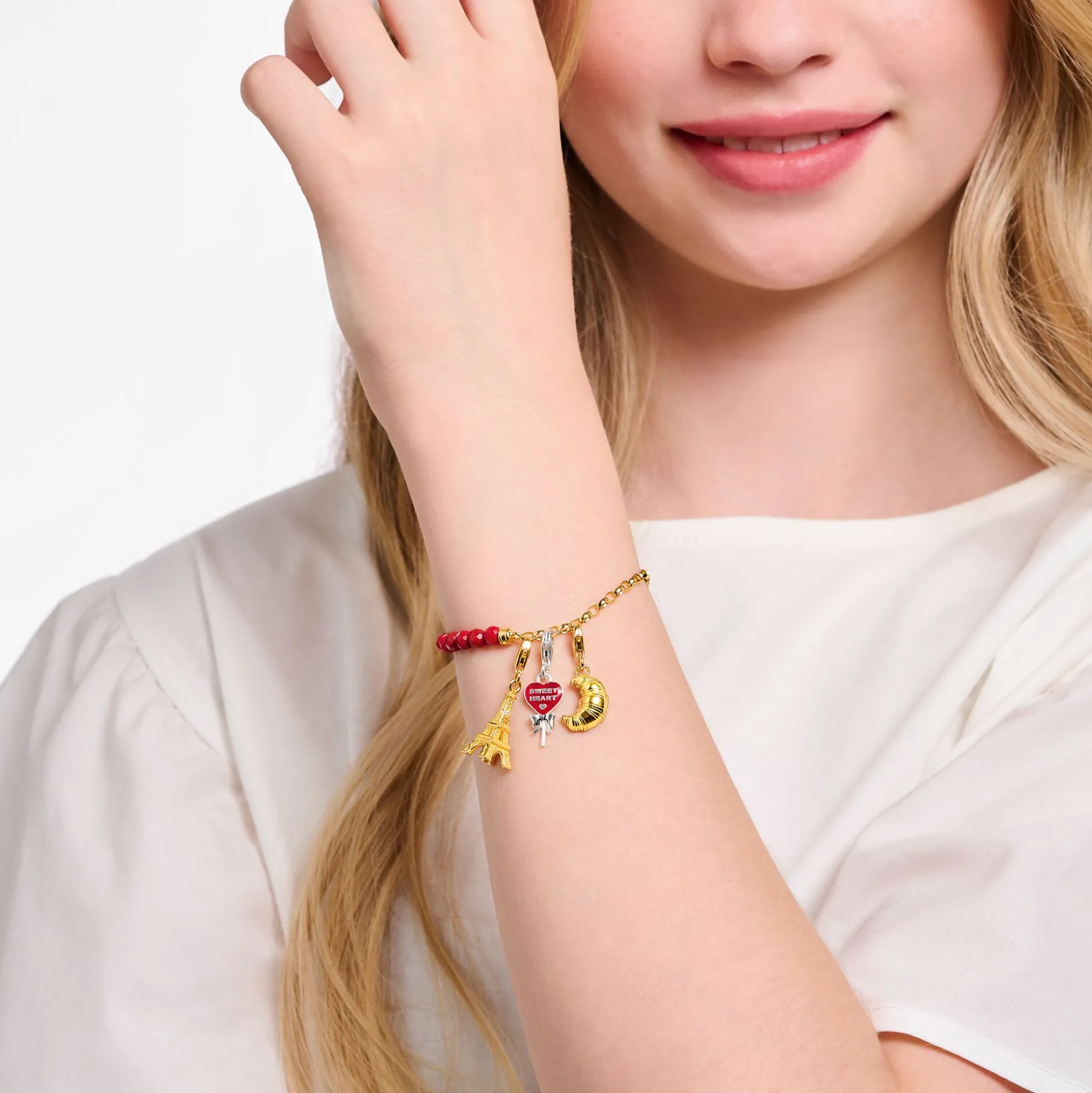 Shop Charm-Armband rote Beads und Gliederelemente vergoldet Damen Charm Armbänder|Charm Armbänder