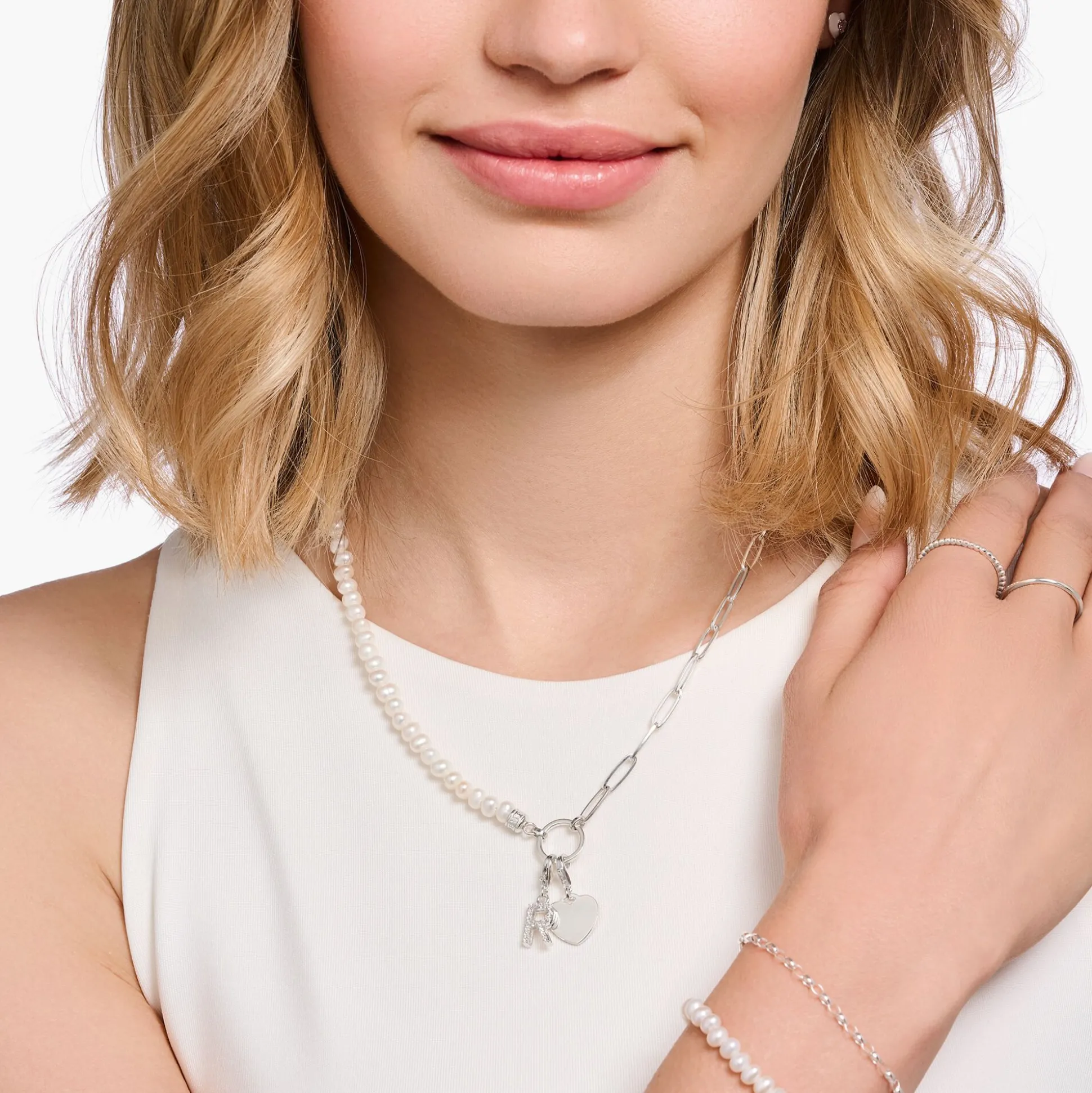 Best Charm-Kette mit weißen Perlen und Coin Silber Damen Charm Ketten|Charm Ketten