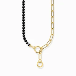 Clearance Collier aus Onyx-Beads und Gliederkette mit weißen Steinen vergoldet Damen Halsketten|18K Vergoldung - 925 Silber