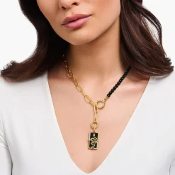 Clearance Collier aus Onyx-Beads und Gliederkette mit weißen Steinen vergoldet Damen Halsketten|18K Vergoldung - 925 Silber