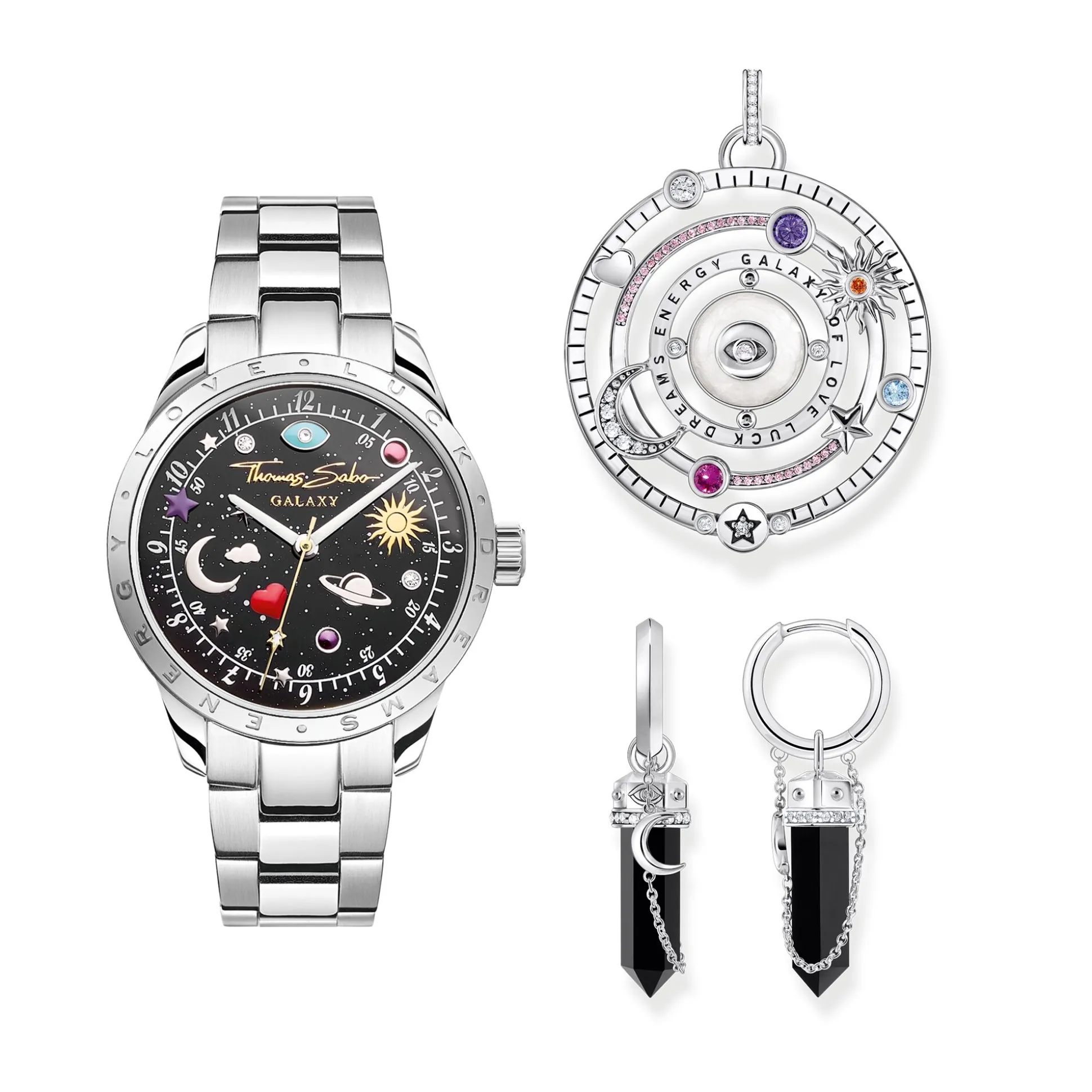New Creolen mit Onyx-Anhänger und Kette Silber geschwärzt Damen Creolen