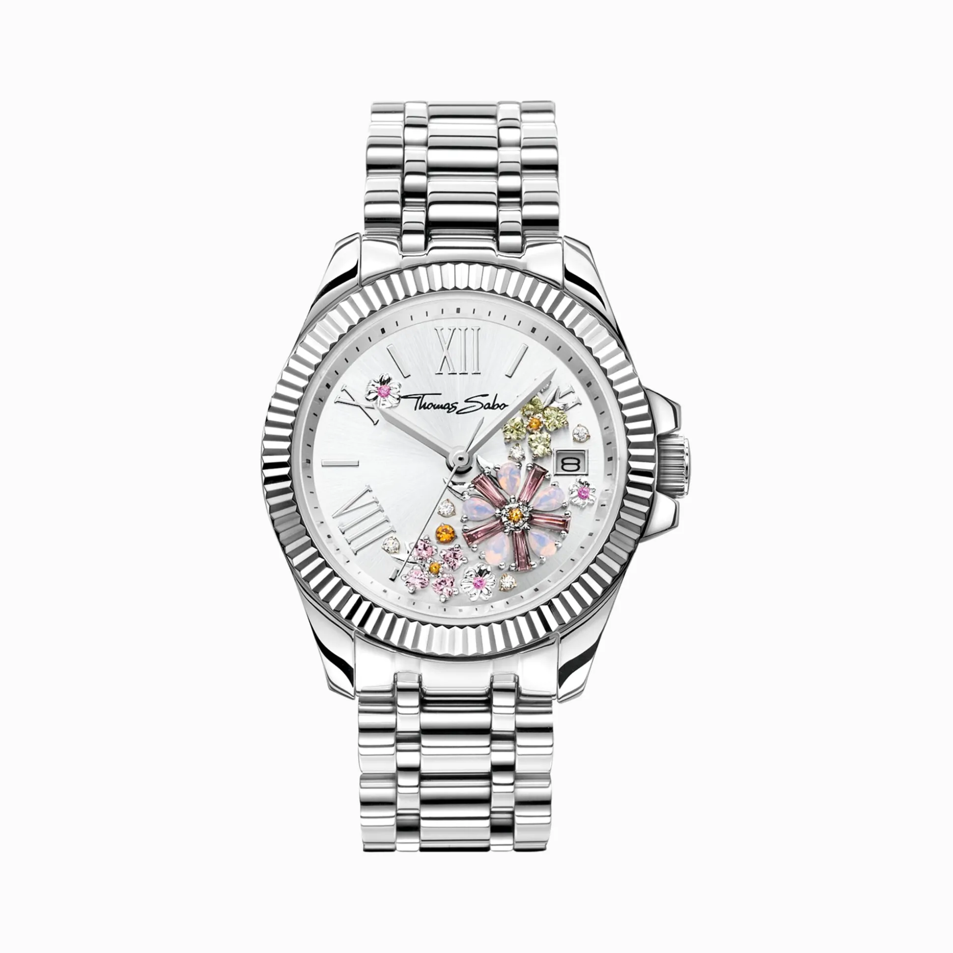 Shop Damenuhr Blumen aus pastellfarbenen Steinen silberfarben Damen Uhren|Damenuhren