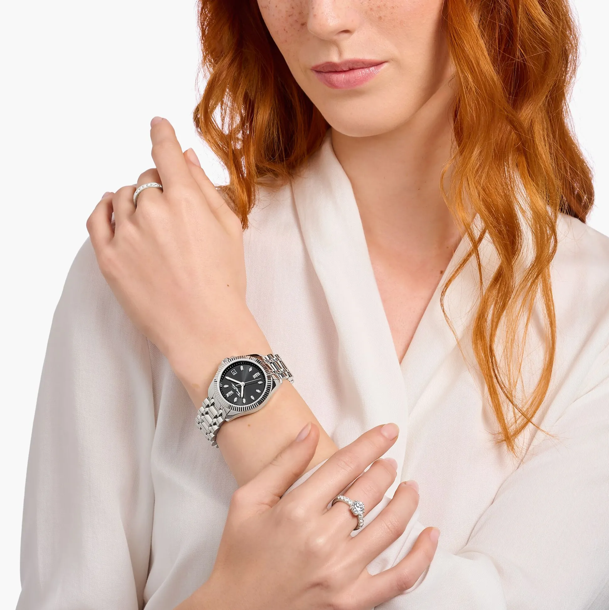 Best Sale Damenuhr Divine Silver mit schwarzem Zifferblatt und weißen Steinen Silber Damen Uhren|Damenuhren