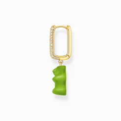 Fashion Einzel-Creole mit grünem Goldbären-Anhänger in Midiversion und Steinen vergoldet Damen Creolen|18K Vergoldung - 925 Silber
