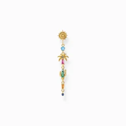 Discount Einzel-Ohrhänger Sonne, Palme und Kaktus mit bunten Steinen vergoldet Damen Ohrringe|18K Vergoldung - 925 Silber