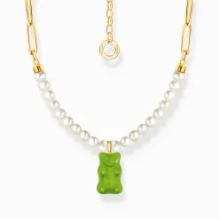 Fashion Gliederkette mit grünem Goldbären-Anhänger und Perlen vergoldet Damen Halsketten|18K Vergoldung - 925 Silber