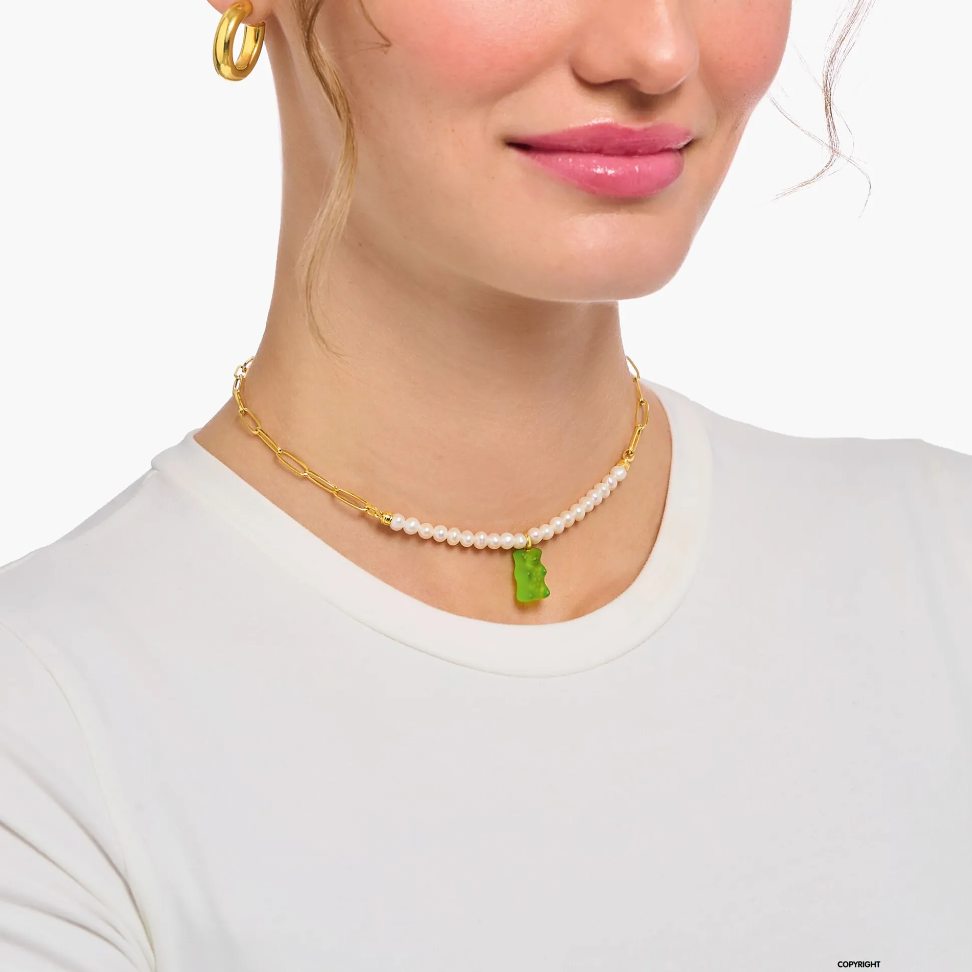 Fashion Gliederkette mit grünem Goldbären-Anhänger und Perlen vergoldet Damen Halsketten|18K Vergoldung - 925 Silber