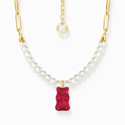 Outlet Gliederkette mit rotem Goldbären-Anhänger und Perlen vergoldet Damen Halsketten|18K Vergoldung - 925 Silber