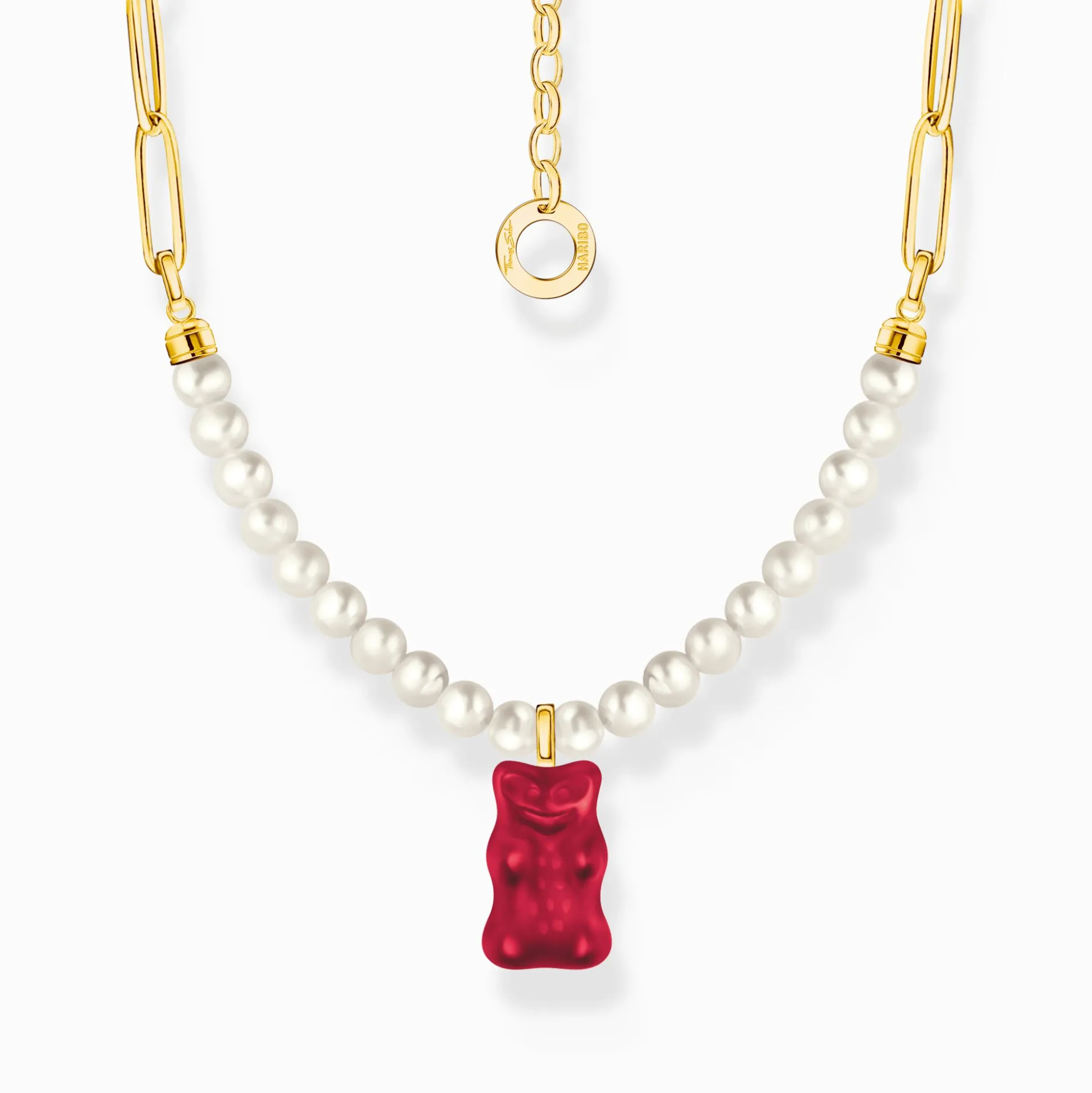Outlet Gliederkette mit rotem Goldbären-Anhänger und Perlen vergoldet Damen Halsketten|18K Vergoldung - 925 Silber