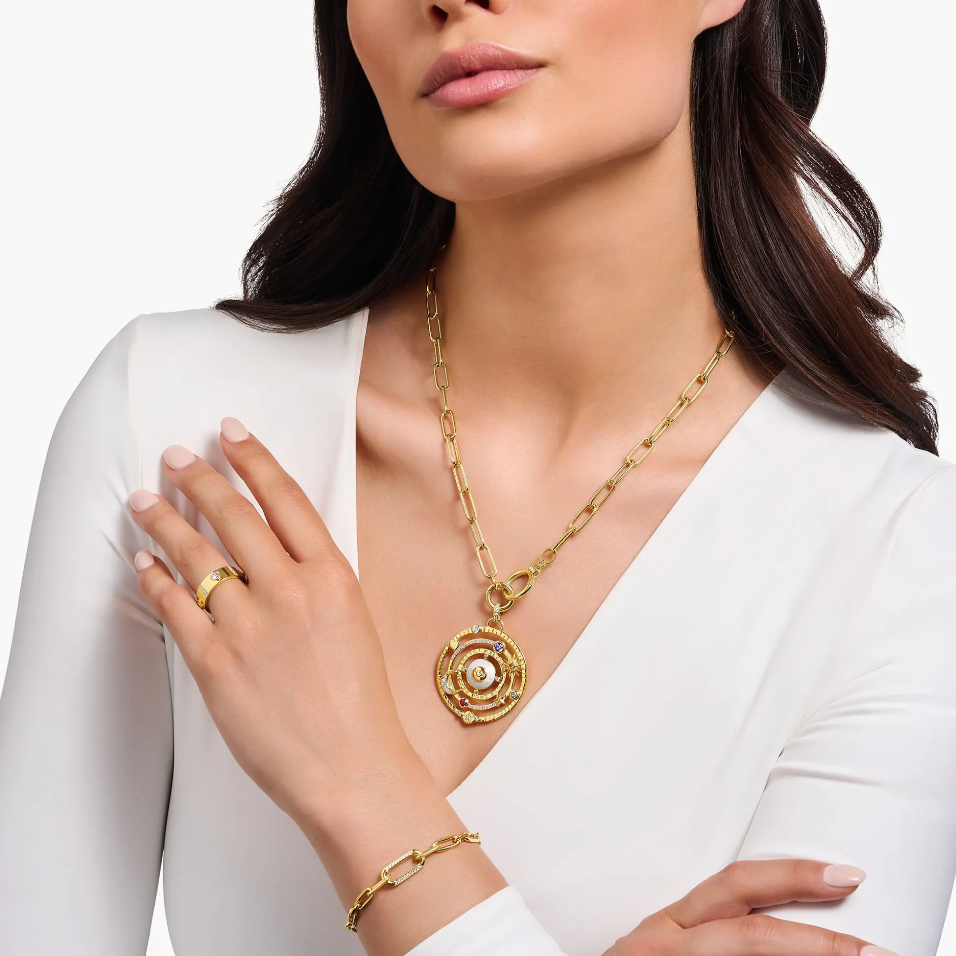 Cheap Gliederkette mit zwei Ringverschlüssen und weißen Steinen vergoldet Damen Halsketten|18K Vergoldung - 925 Silber