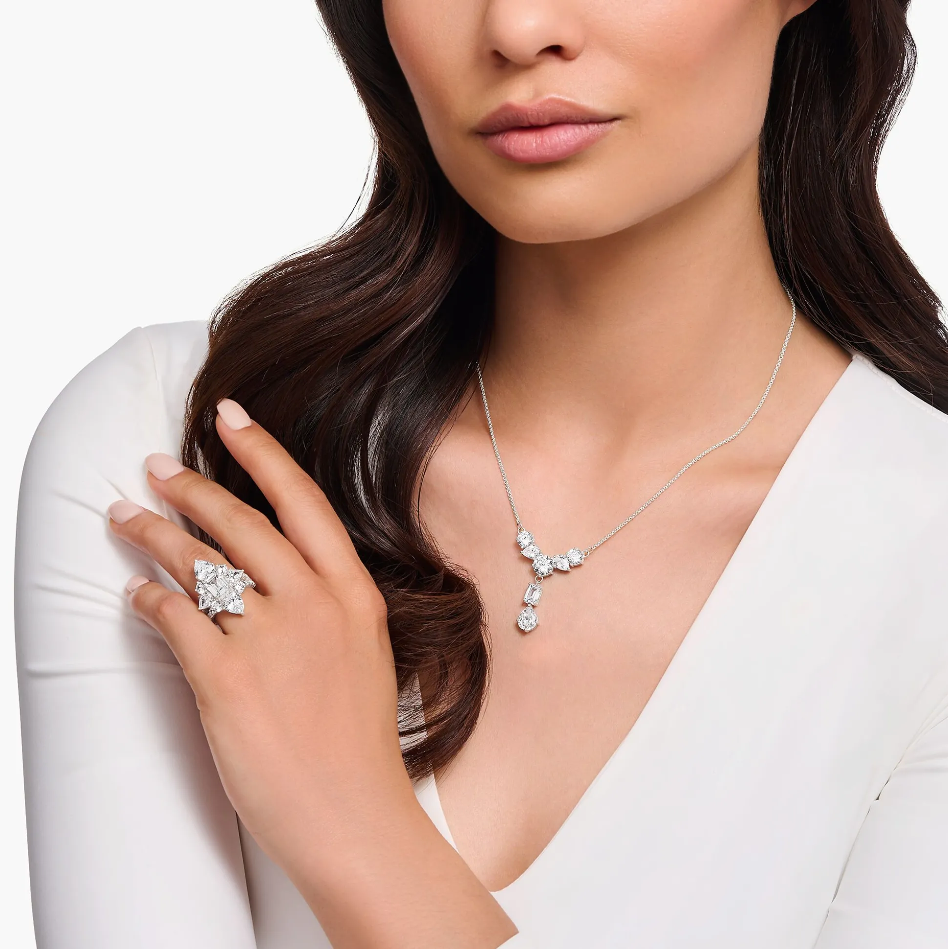 New Halskette im Y-Stil mit sieben weißen Steinen Silber Damen Halsketten|925 Silber