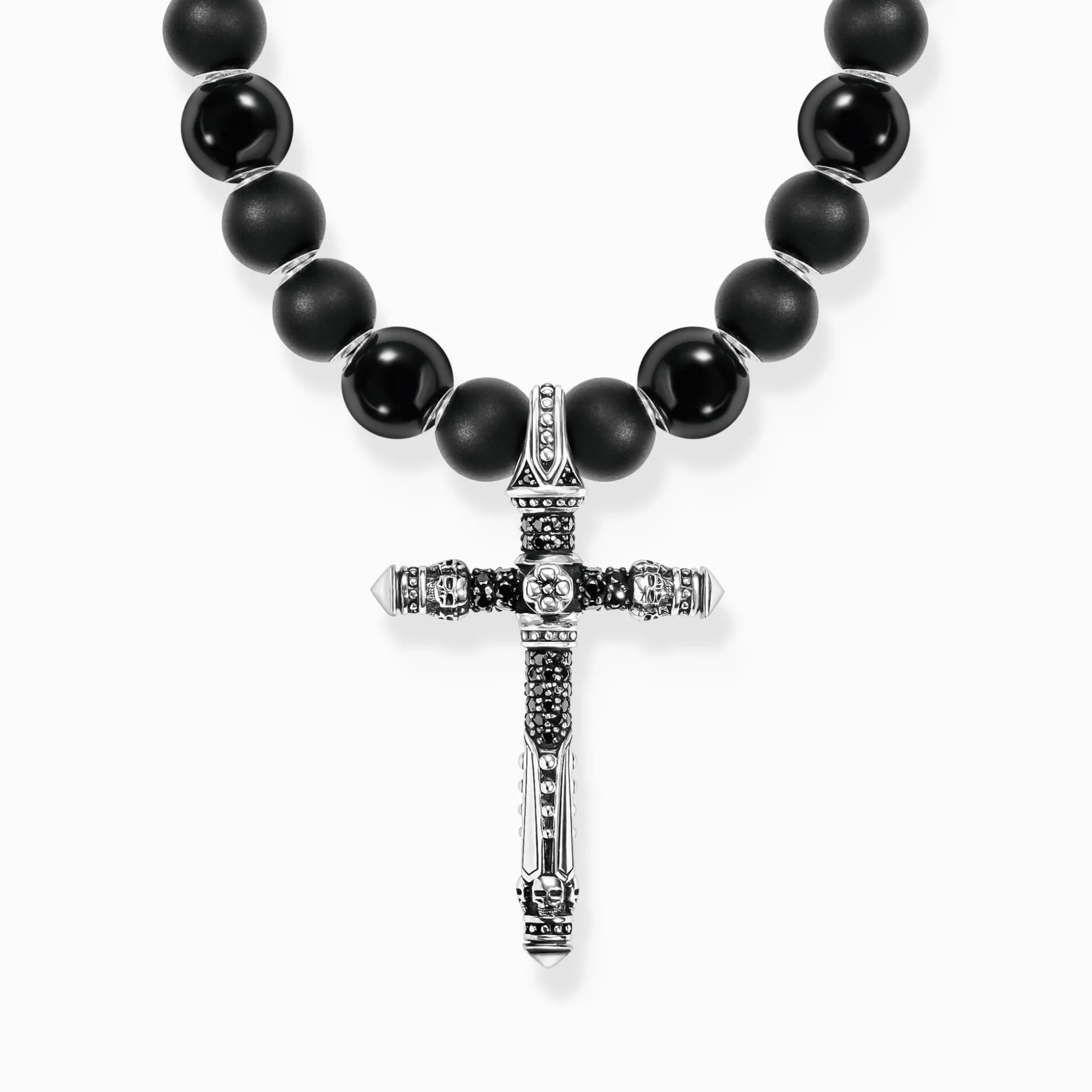 Discount Kette aus schwarzen Beads mit Kreuzanhänger Silber geschwärzt Damen Halsketten|Halsketten