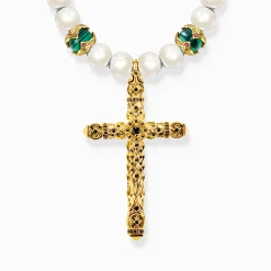 New Kette aus verschiedenen Beads mit Kreuzanhänger vergoldet Damen Halsketten|Halsketten