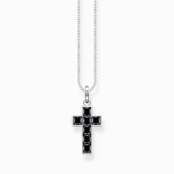 Store Kette Kreuz mit schwarzen Steinen Silber Damen Halsketten