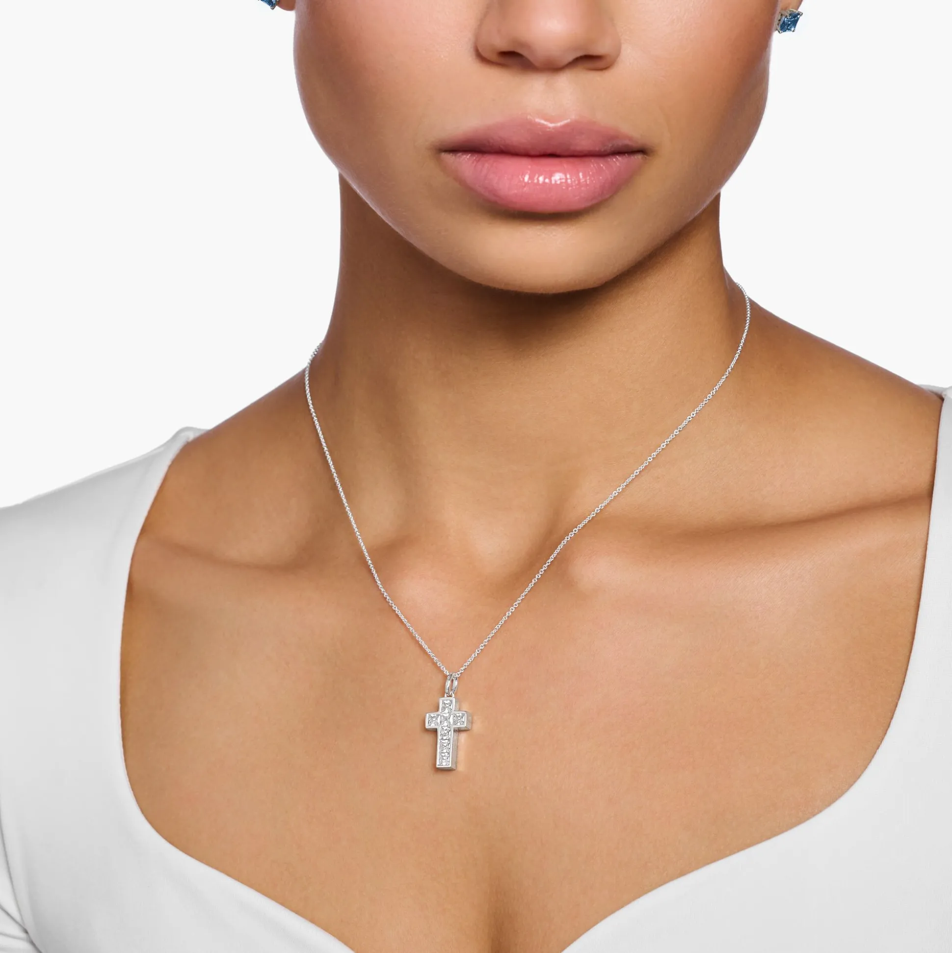 Best Kette Kreuz mit weißen Steinen Silber Damen Halsketten