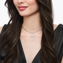 Best Kette mit Kreuzanhänger und weißen Steinen Silber Damen Halsketten|925 Silber