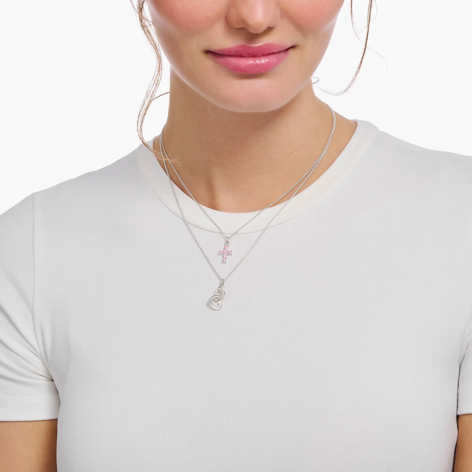 Fashion Kette mit rosafarbenem Kreuz-Anhänger Silber Damen Halsketten