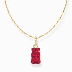Best Kette mit rotem Goldbären-Anhänger und Steinen vergoldet Damen Halsketten|18K Vergoldung - 925 Silber
