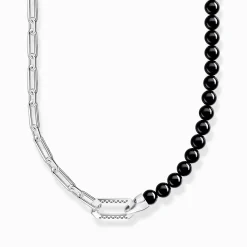 Discount Kette mit schwarzen Onyx-Beads und Kettengliedern Silber Damen Halsketten|Halsketten