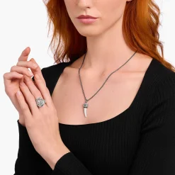 Discount Kette mit Zahn-Anhänger und Steinen Silber geschwärzt Damen Halsketten|Halsketten