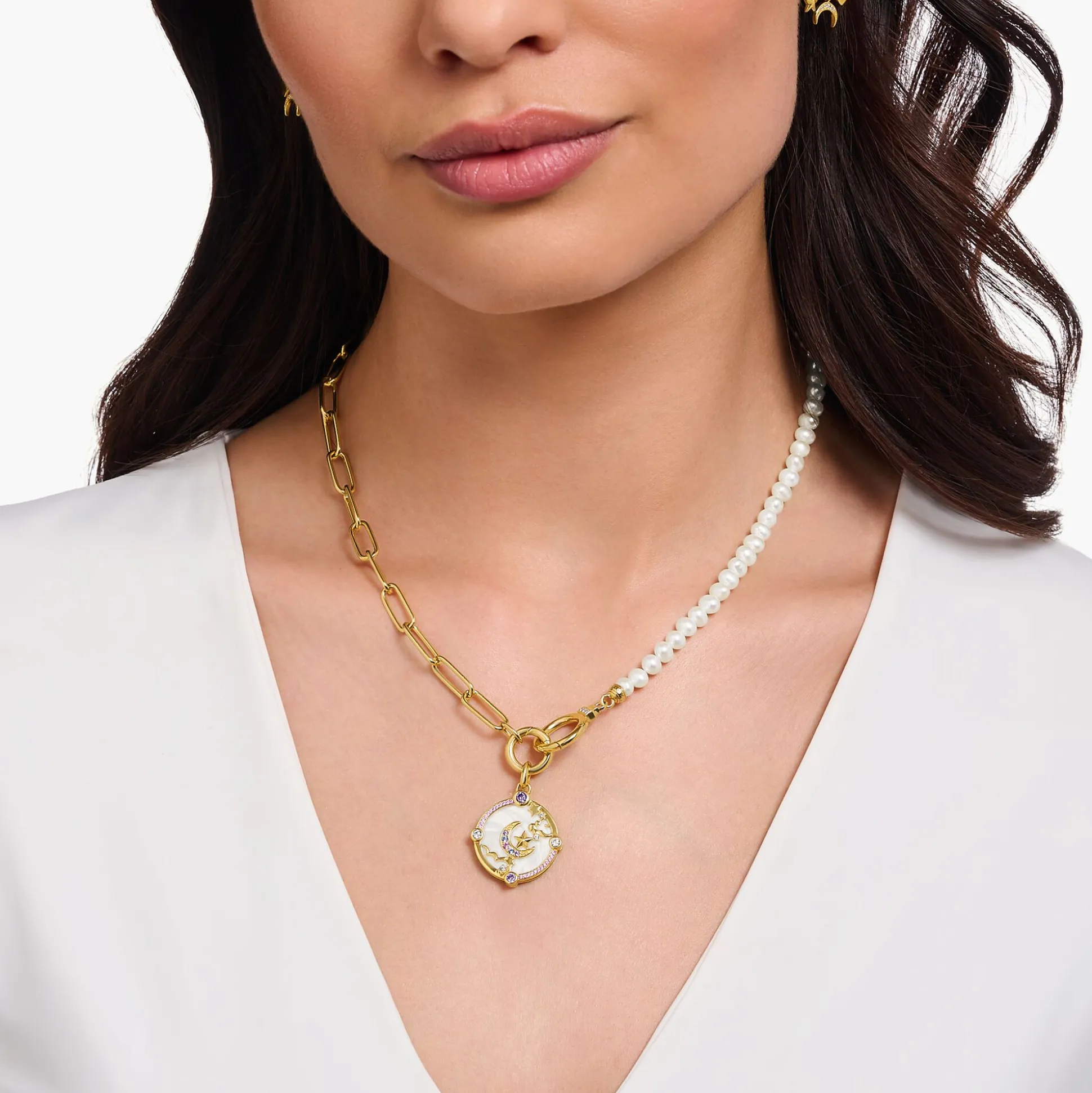 Best Sale Kettenanhänger mit Halbmond und bunten Steinen vergoldet Damen Anhänger|18K Vergoldung - 925 Silber