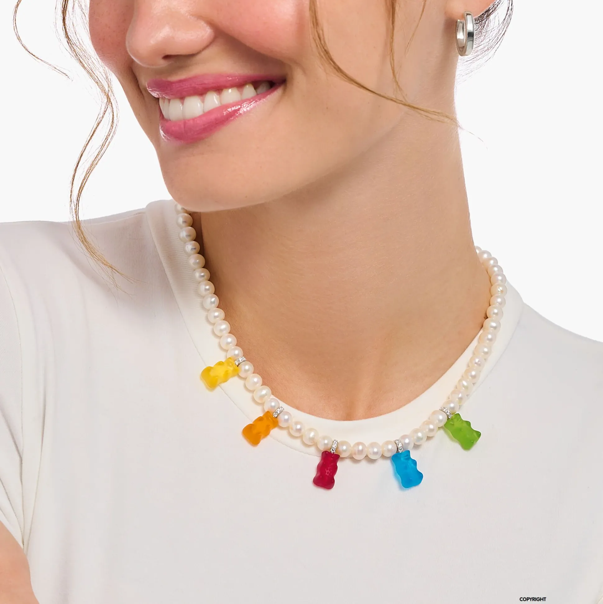 Fashion Perlenkette mit 5 bunten GoldbärenSilber Damen Halsketten|925 Silber