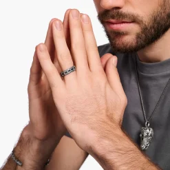 Flash Sale Ring breit Krokodilpanzer mit schwarzen Steinen Silber geschwärzt Damen Ringe|Ringe