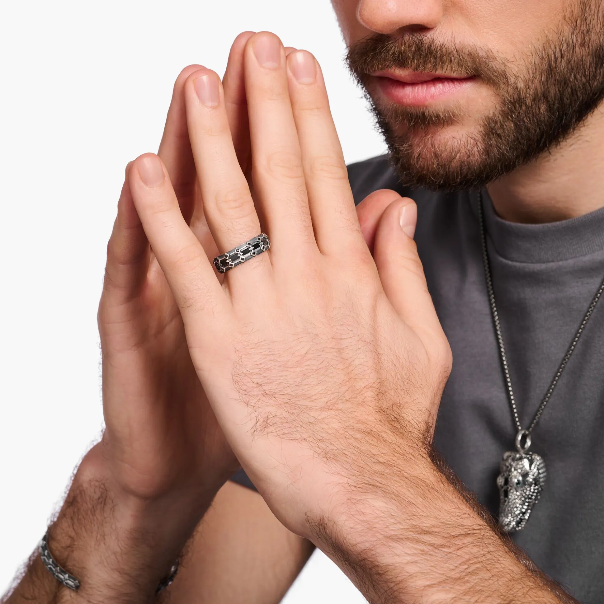 Flash Sale Ring breit Krokodilpanzer mit schwarzen Steinen Silber geschwärzt Damen Ringe|Ringe
