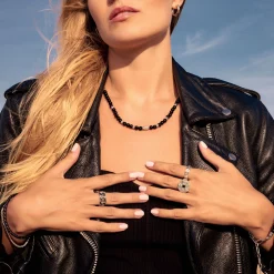 Fashion Ring geschwärzt Glieder mit schwarzen Steinen Damen Ringe|Ringe