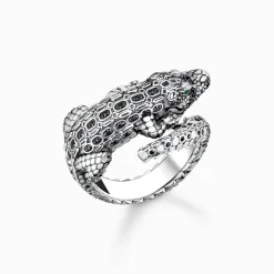 Fashion Ring Krokodil mit schwarzen und grünen Steinen Silber geschwärzt Damen Ringe|Ringe