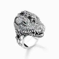 Fashion Ring Krokodilkopf mit schwarzen und grünen Steinen Silber geschwärzt Damen Ringe|Ringe