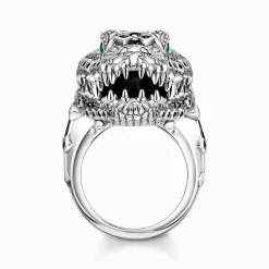 Fashion Ring Krokodilkopf mit schwarzen und grünen Steinen Silber geschwärzt Damen Ringe|Ringe