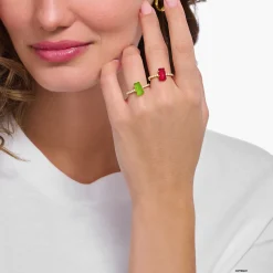 Shop Ring mit grünem Mini-Goldbären und Steinen vergoldet Damen Ringe|18K Vergoldung - 925 Silber
