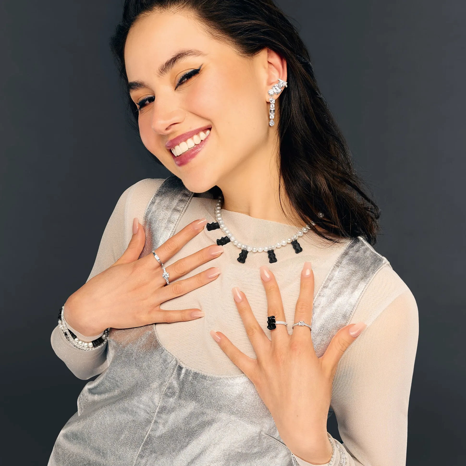 Fashion Ring mit schwarzem Goldbären und Steinen Silber Damen Ringe|Ringe