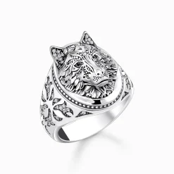 Store Siegelring Wolf mit Steinen Silber geschwärzt Damen Ringe|Ringe
