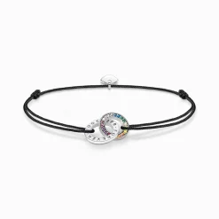 Discount Textilarmband schwarz mit zwei Ringen bunten Steinen Silber geschwärzt Damen Armbänder