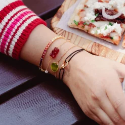 Outlet Textilarmband schwarz mit zwei Ringen bunten Steinen vergoldet Damen Armbänder